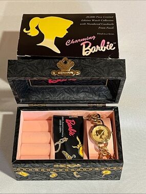 NEW Vintage Fossil and Barbie Gold Tone Bracelet Watch with Pink Lined Box